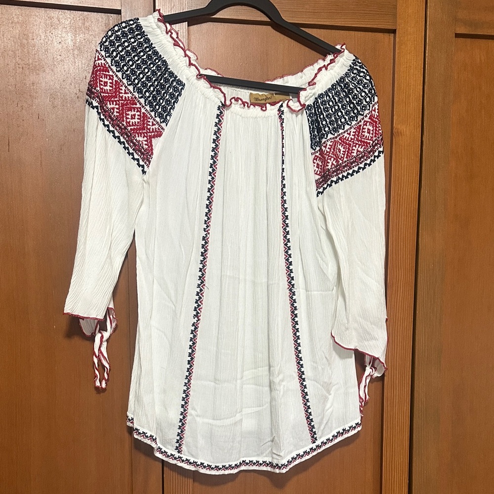Wrangler White Peasant Tunic with Red & Navy Embroidery